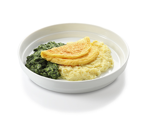Omelette with creamed spinach and mashed potatoes.