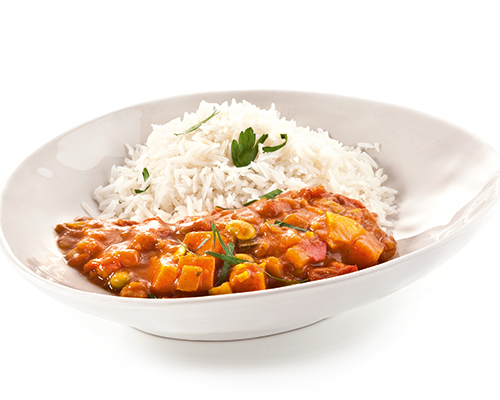 Süßkartoffel-Tikka-Masala mit Basmatireis.