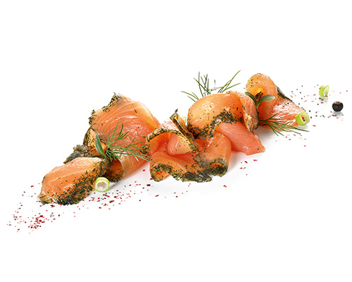 "Superior" gravad salmon marinated with fine herbs, sliced, raw product from Norway, with skin.