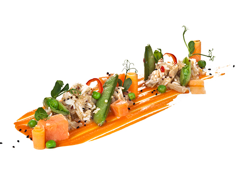 Vegan Buddha Bowl Chicken Style, colourful rice and cereal mix, with sweet potatoes and mangetout, vegan chicken substitute based on pea protein and a light coconut-chilli note.