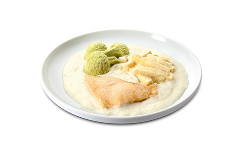 Salmon in a white cream sauce with broccoli and pasta, pureed gluten-free pasta, flavoured with soy cream, enriched with quark and cream.