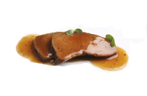 Rinderbraten im Fond gegart, in Scheiben geschnitten, In Scheiben geschnitten.