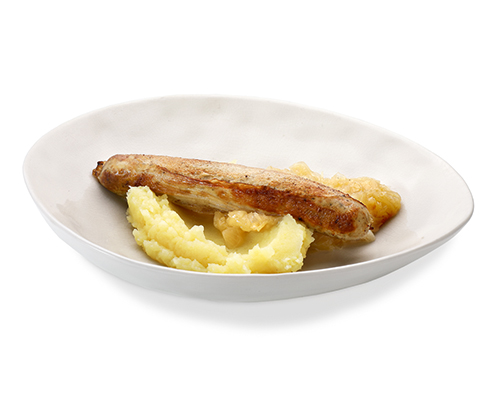 Geflügelbratwurst auf Sauerkraut, mit Kartoffelpüree.