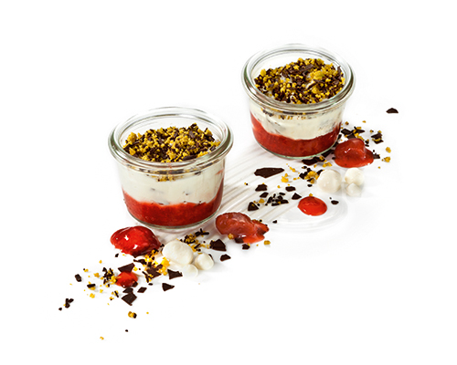 Stracciatella cream with strawberry-rhubarb refined with pistachios and chocolate shavings, negative for small jar.