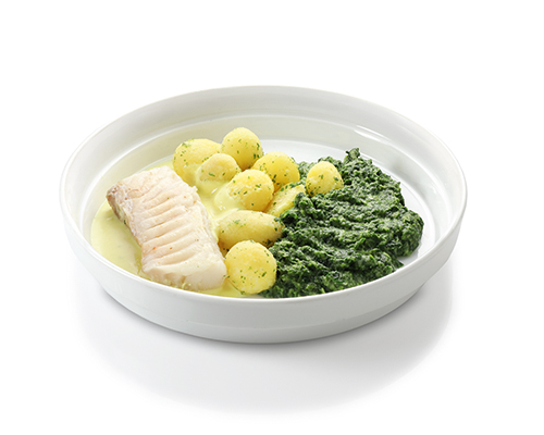 Cod fillet in lemon sauce with creamed spinach and parsley potatoes.