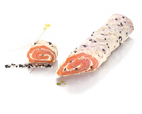 Wrap vom Räucherlachs mit Dill-Senf-Creme und Sesam.