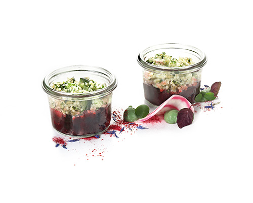 Beetroot relish with tabouleh refined with cucumber.