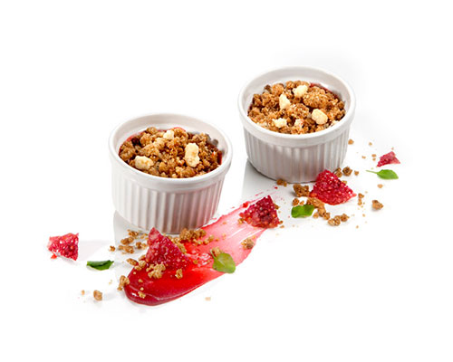 Granny's rhubarb crumble with muscovado crumble, negative for soufflé moulds.