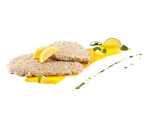 Wirtshaus schnitzel made from pork loin, raw, breaded with a mixture of pretzel bread, mustard and onions.