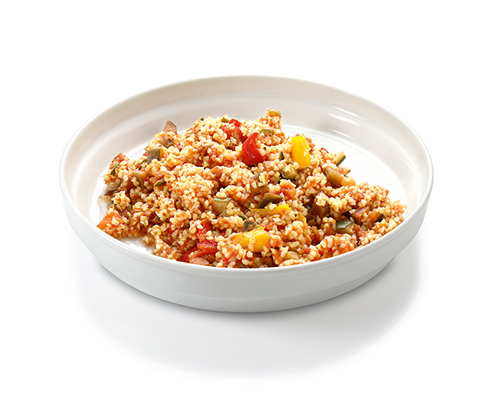 Gemüsepfanne nach provenzalischer Art mit Bulgur, Aubergine, Zucchini und Paprika.