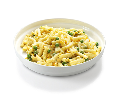 Vegan pasta bake with peas and sweetcorn.