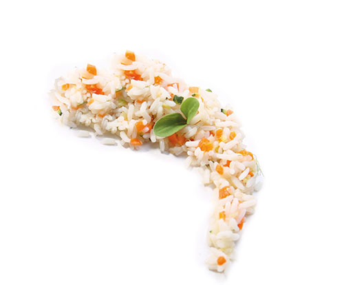 Vegetable rice Long grain rice with carrots, celery and courgettes.
