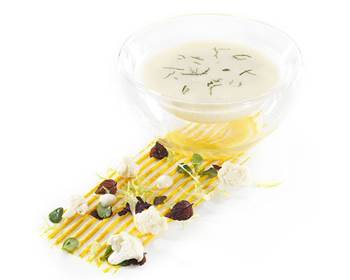 Blumenkohlcremesuppe fein püriert, ohne Stückung.