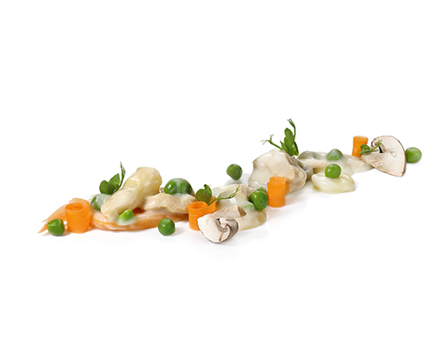 Fricassee chicken style vegetarian protein strips based on pea protein, with carrots, asparagus, peas and mushrooms.