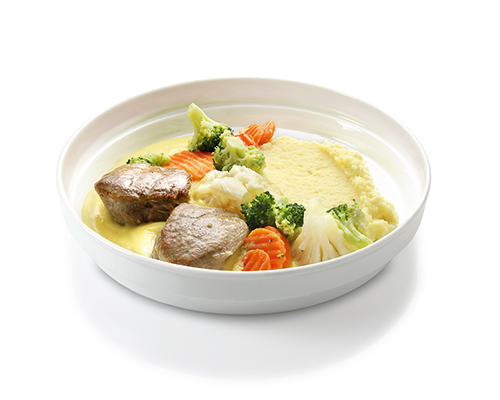Pork medallions in hollandaise sauce with Kaiser vegetables and mashed potatoes.