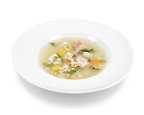 Graupeneintopf mit Hühnchen, Karotten, Steckrüben, Pastinaken und Blumenkohl.