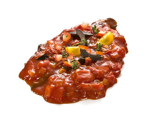 Tomatenkompott mildes Tomatenchutney, mit schwarzen Oliven und Thymian.