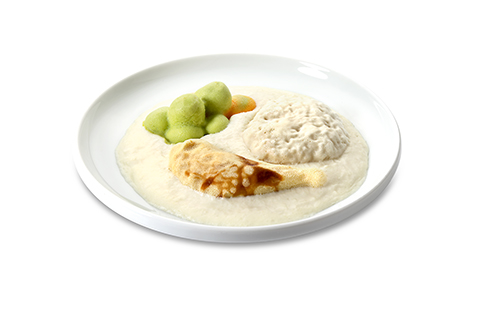 Chicken in white sauce with rice and peas and carrot vegetables, pureed and seasoned with soya cream, enriched with quark and cream.