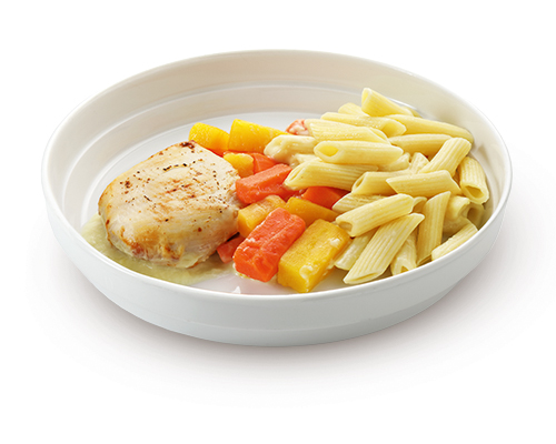 Chicken breast in cheese cream sauce with carrot vegetables and penne.