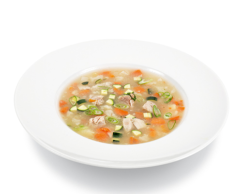 Gemüseeintopf mit Hühnerfleisch, Kohlrabi, Karotten, Zucchini und Blumenkohl.