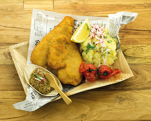 Plaice fillet pre-fried with Djon mustard, in crispy breadcrumbs.