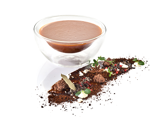 Brown basic sauce made from beef and roasted vegetables, lightly thickened.