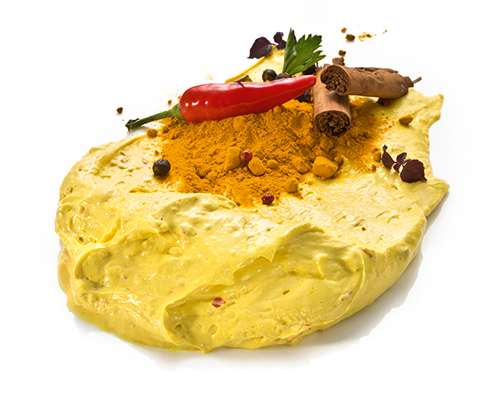 DeliSpread "Indian Curry" mit Frischkäse, Salatcreme, Mangochutney, Curry und Chili.