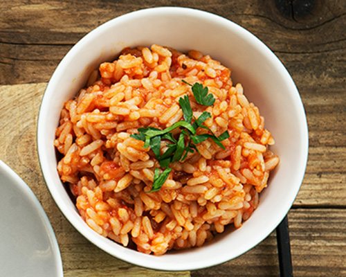 Tomato rice Long grain rice with diced tomatoes, finely flavoured.