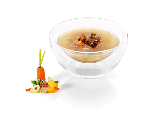 Beef bouillon with vegetable brunoise and meat, clarified.