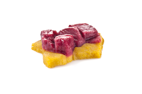 Pureed fruit salad with apple sauce, mango puree, passion fruit nectar, banana, grape and pineapple juice.