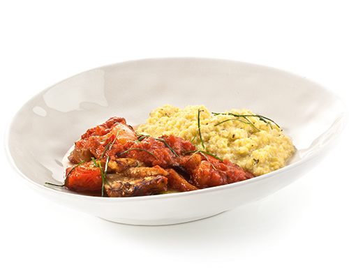 Mediterranean-style braised vegetables with coarse herb corn semolina.