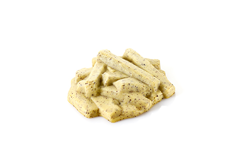 Mohnschupfnudeln püriert abgeschmeckt mit Sojacreme.