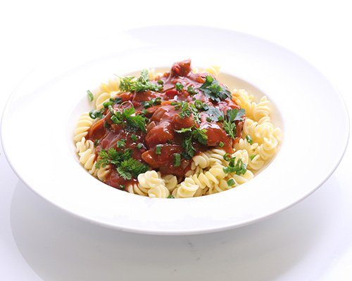 Budapest-style kettle goulash with strips of paprika and onions, braised in a strong sauce.