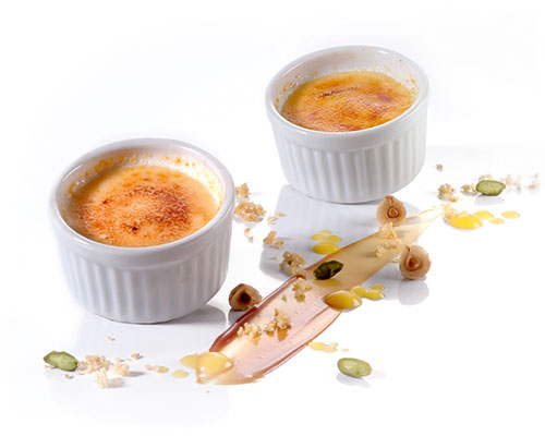 Classic crème brûlée, negative for soufflé moulds.