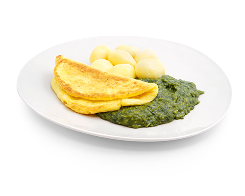 Eieromelett mit Rahmspinat und Salzkartoffeln.