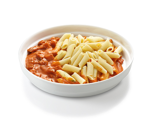 East German-style sausage goulash with diced hunting sausage in a savoury tomato sauce, served with penne.