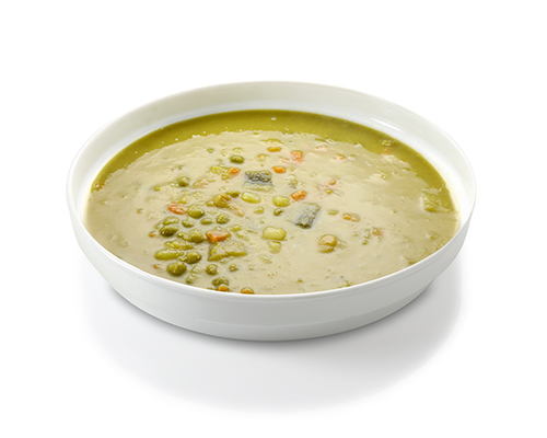 Veganer Erbseneintopf mit Kartoffeln, Sellerie, Karotten und Lauch.