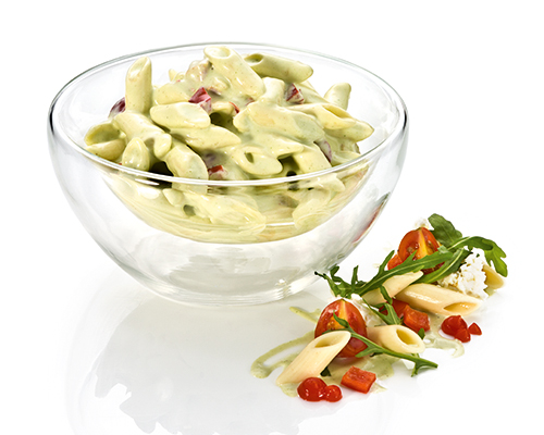 Penne "Rucola" mit Penne und roter Paprika, in würzigem Rucola-Sahne-Dressing.