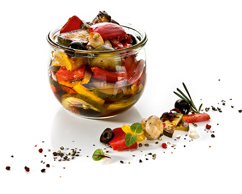 Antipasti-Mix "di Verdure" gegrilltes Gemüse aus Paprika, Champignons, Zucchini und getrockneten Tomaten, in Rapsöl.