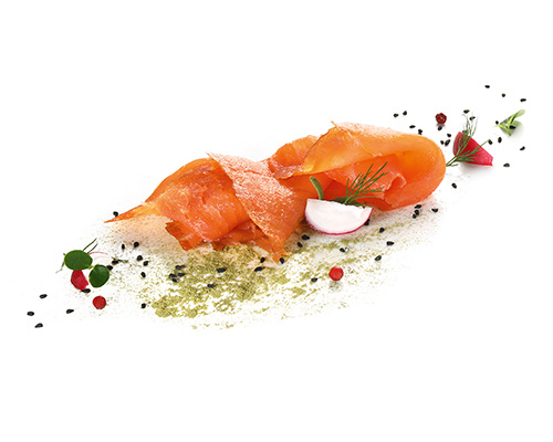 Premium gravad salmon, pre-sliced, with skin.