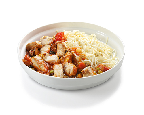 Asian-style sliced turkey with sweet and sour wok vegetables and mie pasta.