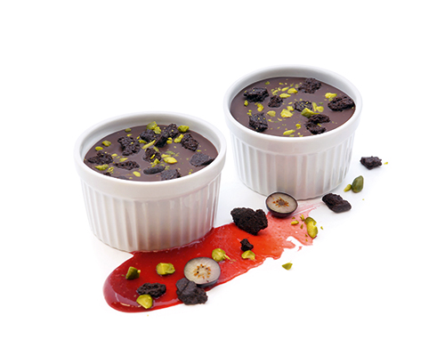 Brownie New York Style moist brownie soaked with cassis mousse, negative for soufflé moulds.