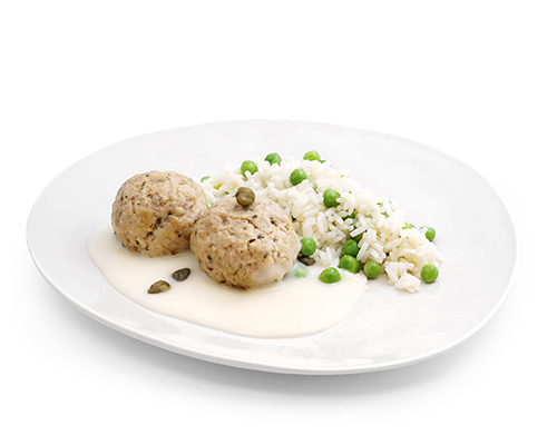 Königsberger Klopse in Kapernsauce, mit Erbsenreis.