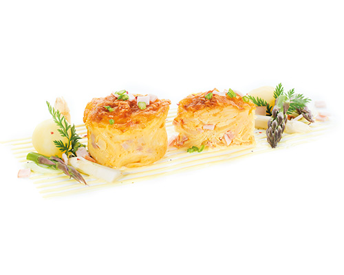 Kartoffel-Spargel-Gratin mit Sauce Hollandaise und Schinken, ø 6 cm.