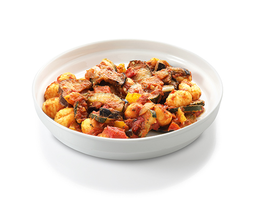 Grilled vegetable pan with gnocchi Mediterranean-style grilled vegetables with tomato sauce.