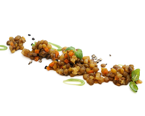 Colourful lentils with balsamic vinegar Green, red and brown lentils with vegetable brunoise, refined with balsamic vinegar.