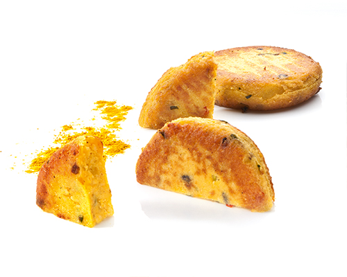 Couscous-Bratling mit Paprika, Aubergine und Zucchini, gebraten, ø ca. 8-10 cm.