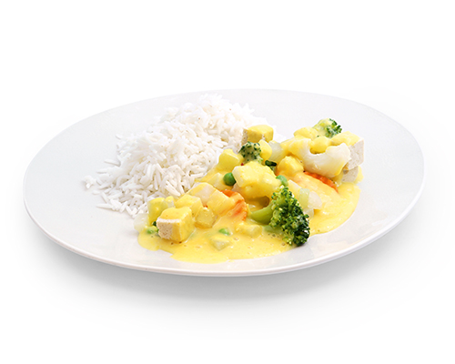 Gemüsecurry aus Erbsen, Kohlrabi und Blumenkohl, mit Tofu und Basmatireis.