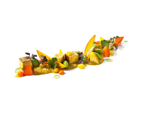 Grünes Curry mit geräuchertem Tofu, Staudensellerie, Paprika, Sojabohnen und Koriander, in asiatischer  Currysauce.
