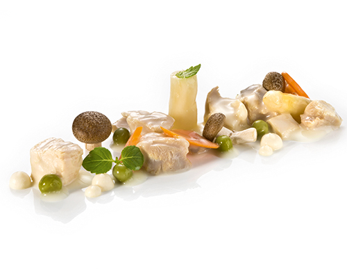Frikassee vom Hühnchen mit weißem Spargel, Champignons, Karotten und Erbsen.